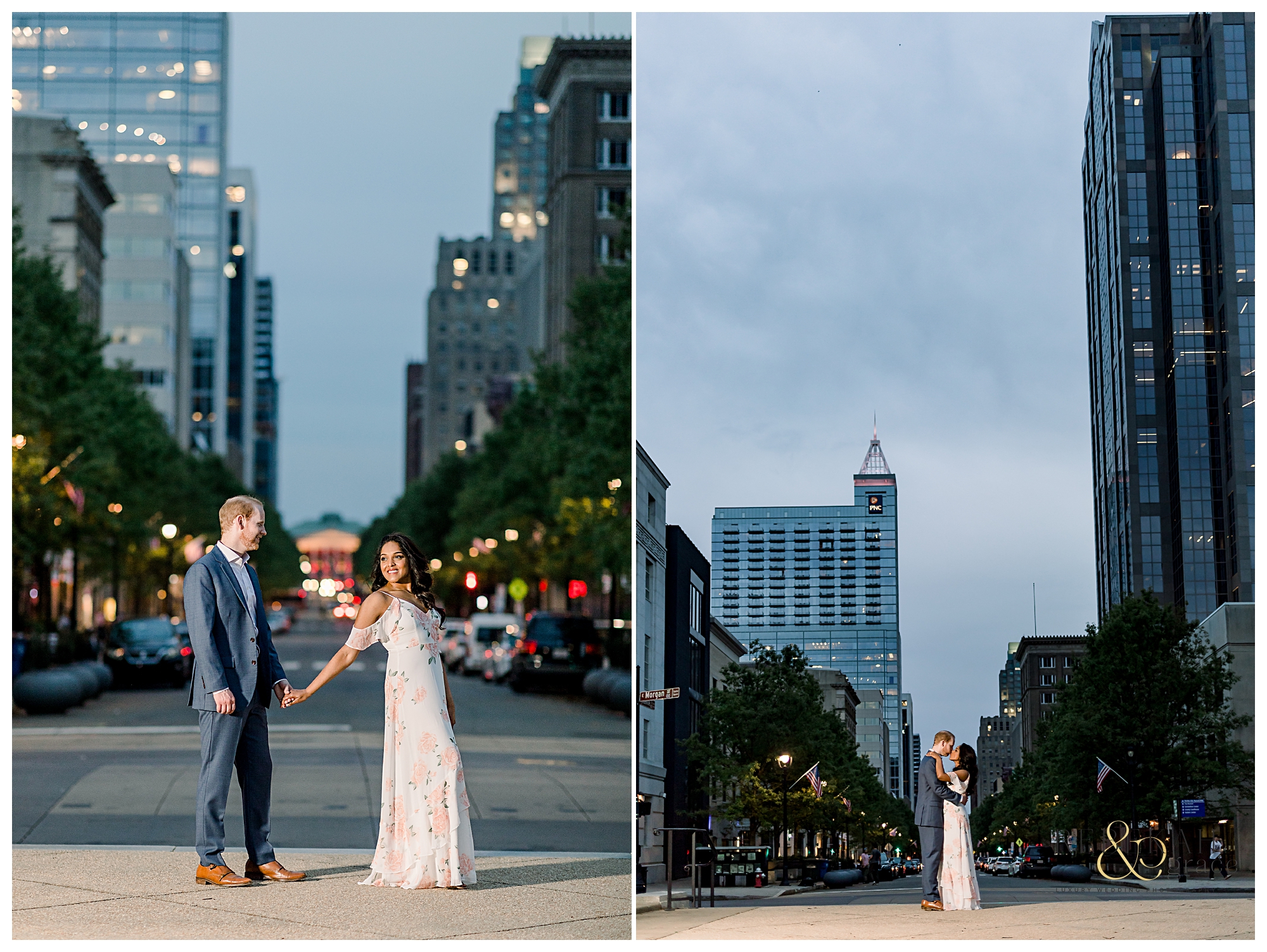 Engagement Photography | Night city lights in Downtown Raleigh, North Carolina. | Photography by Rebekah & Grace Photography.